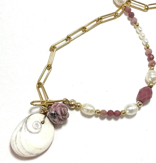 Collier Œil de sainte lucie et rhodonite sur chaine en or