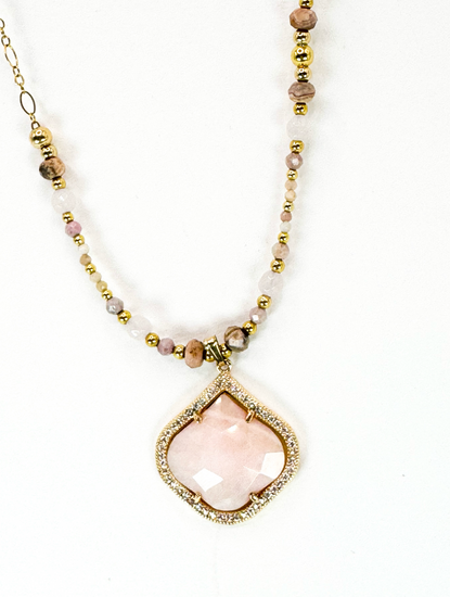 Collier PÉTALÉ ZIRCONE double rang Rose - Quartz rose et opale - MTFORJEL
