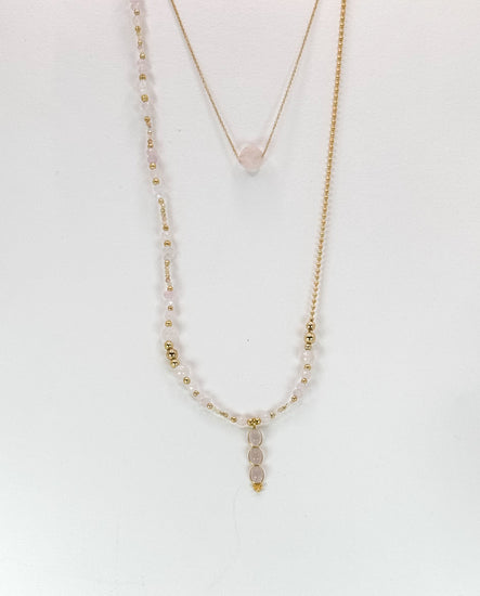 Collier TRIBALI double rang Rose pâle - Quartz rose et opale - MTFORJEL