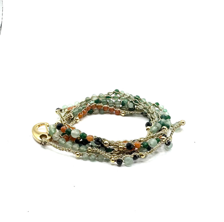Bijou 2 en 1 au crochet FOGLIA | Collier ou Bracelet multi tours | Pendentif FEUILLE en pierre naturelle Aventurine verte & orange - MTFORJEL