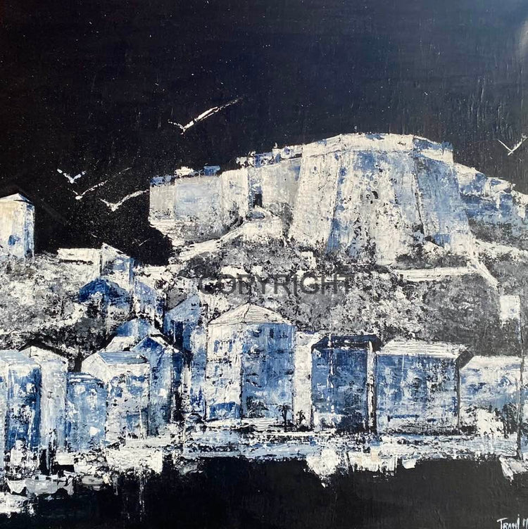 Tableau représentant le port de Bonifacio et sa citadelle, en noir et blanc teinté gris bleu.