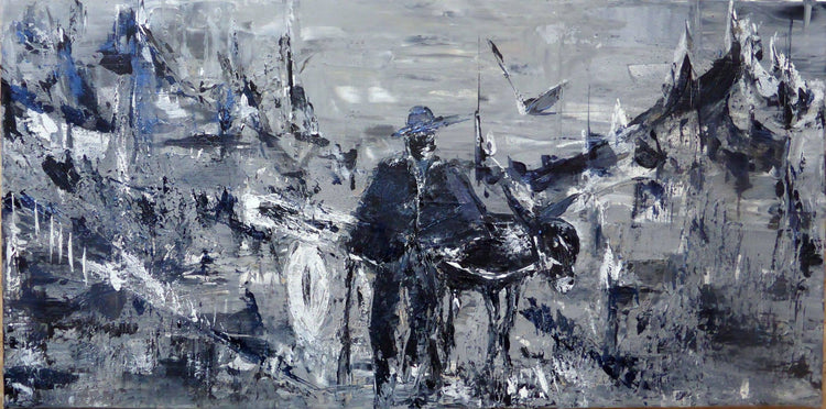 Un vieil homme et son âne sur un sentier corse. La Corse au temps d'avant, en bleu gris.