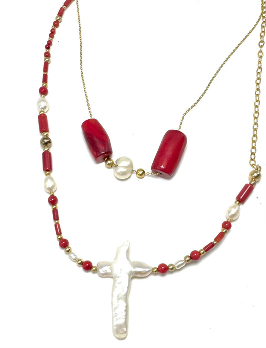 Collier DOPIA Croce | Corail et Keshi - MTFORJEL