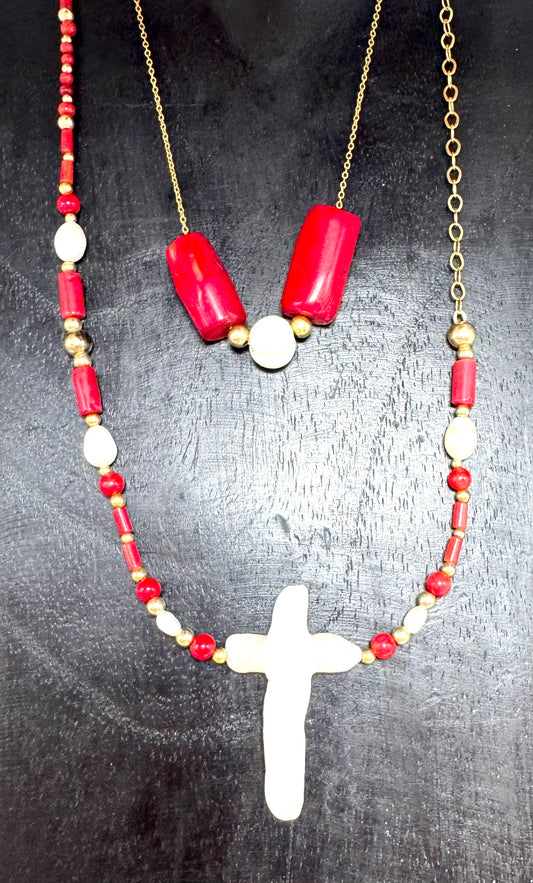 Collier DOPIA Croce | Corail et Keshi - MTFORJEL