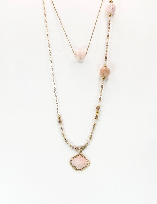 Collier PÉTALÉ ZIRCONE double rang Rose - Quartz rose et opale - MTFORJEL