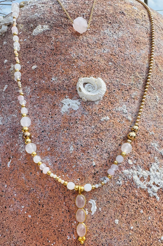 Collier TRIBALI Double rang Rose pâle - Quartz rose et opale - MTFORJEL