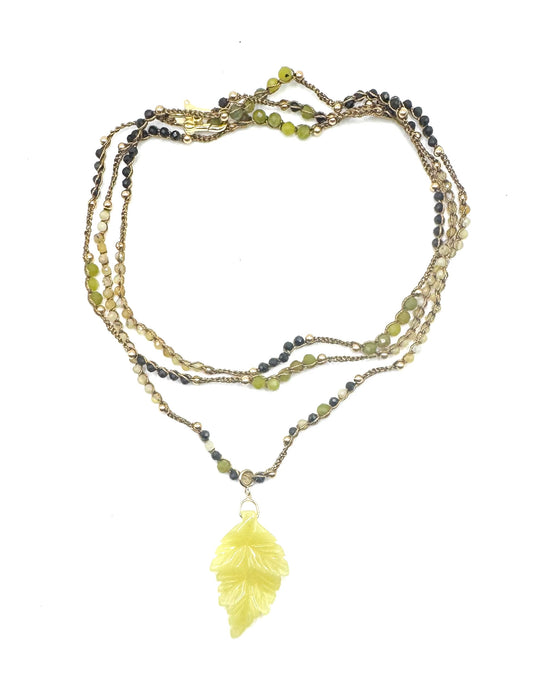 Bijou 2 en 1 au crochet FOGLIA | Collier ou Bracelet multi tours | Pendentif FEUILLE en pierre naturelle Jade citron - MTFORJEL