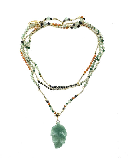 Bijou 2 en 1 au crochet FOGLIA | Collier ou Bracelet multi tours | Pendentif FEUILLE en pierre naturelle Aventurine verte & orange - MTFORJEL