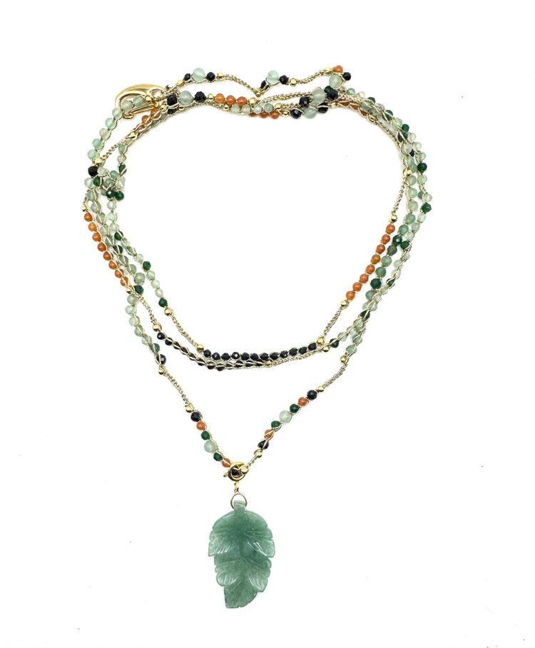 Bijou 2 en 1 au crochet FOGLIA | Collier ou Bracelet multi tours | Pendentif FEUILLE en pierre naturelle Aventurine verte & orange - MTFORJEL