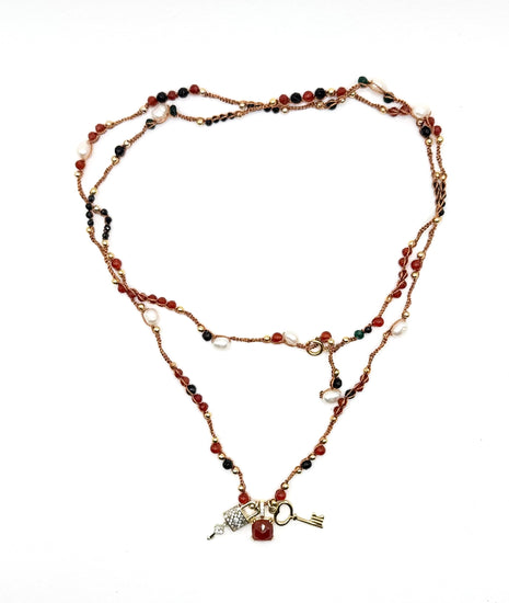 Collier au crochet multi rang LUCCHE | 2 Breloques cadenas, clé & pendentif en pierre naturelle Cornaline - MTFORJEL