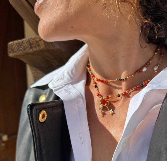 Collier au crochet multi rang LUCCHE | 2 Breloques cadenas, clé & pendentif en pierre naturelle Cornaline - MTFORJEL