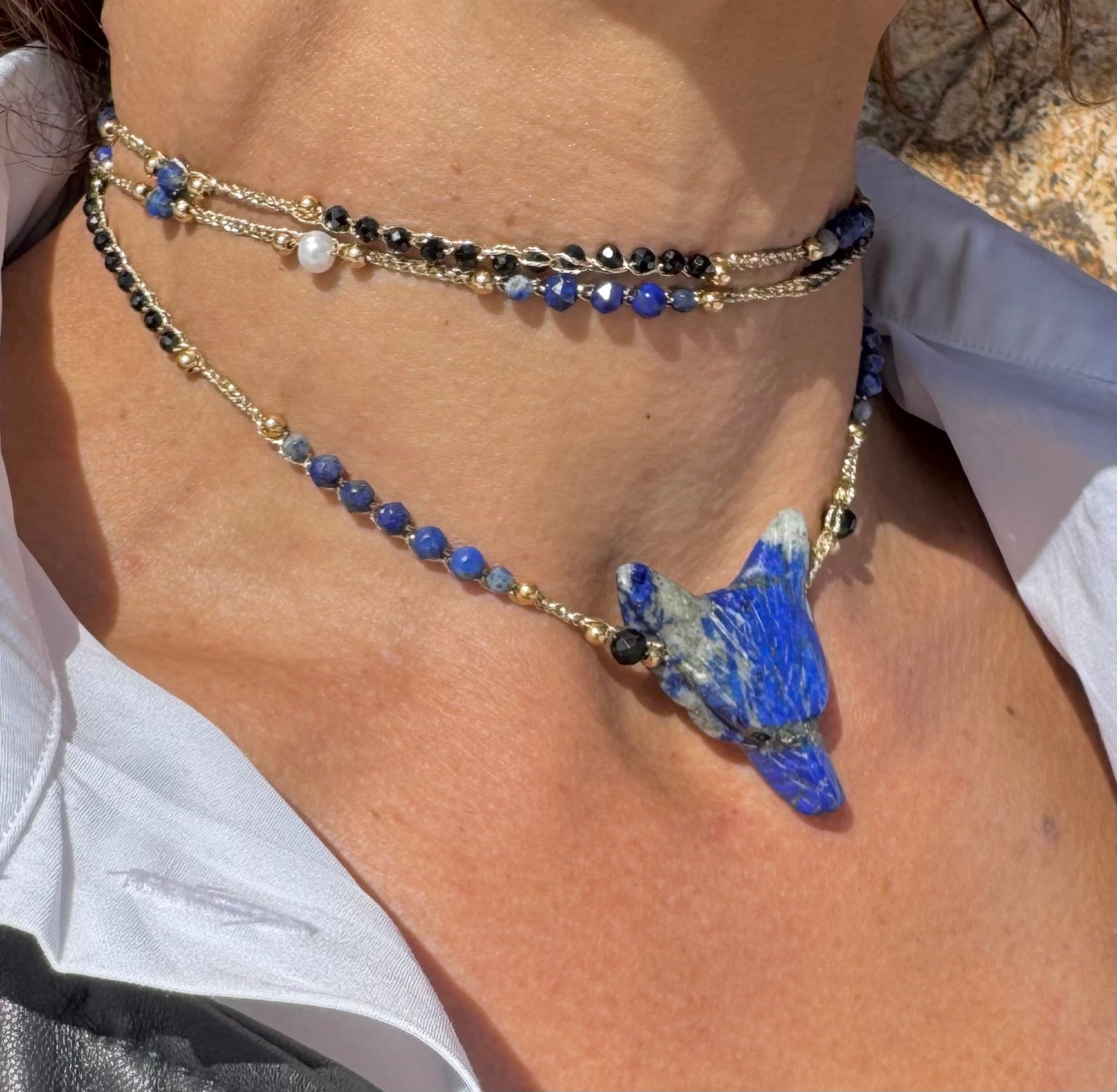 Collier au crochet SALVA LUPA  2 tours | Pendentif LOUP en pierre naturelle Lapis lazuli - MTFORJEL