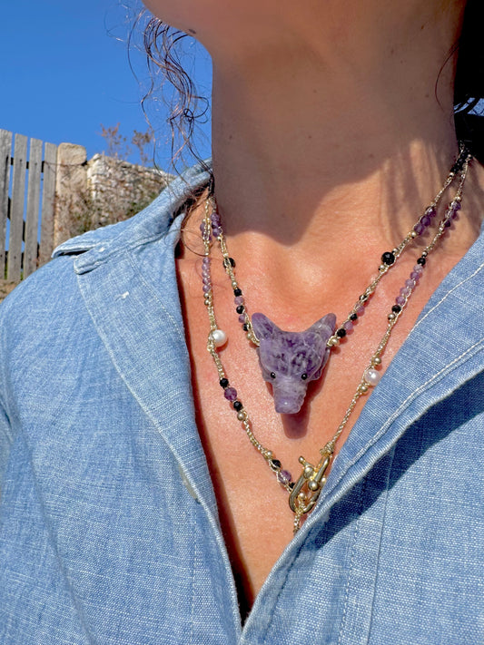 Collier au crochet SALVA LUPA 2 tours | Pendentif LOUP en pierre naturelle Améthyste - MTFORJEL