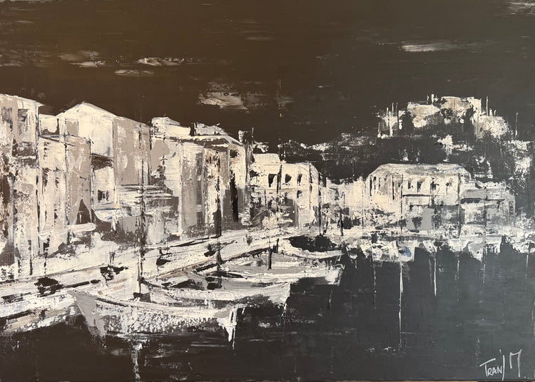 Tableau du port de Cassis en noir et blanc